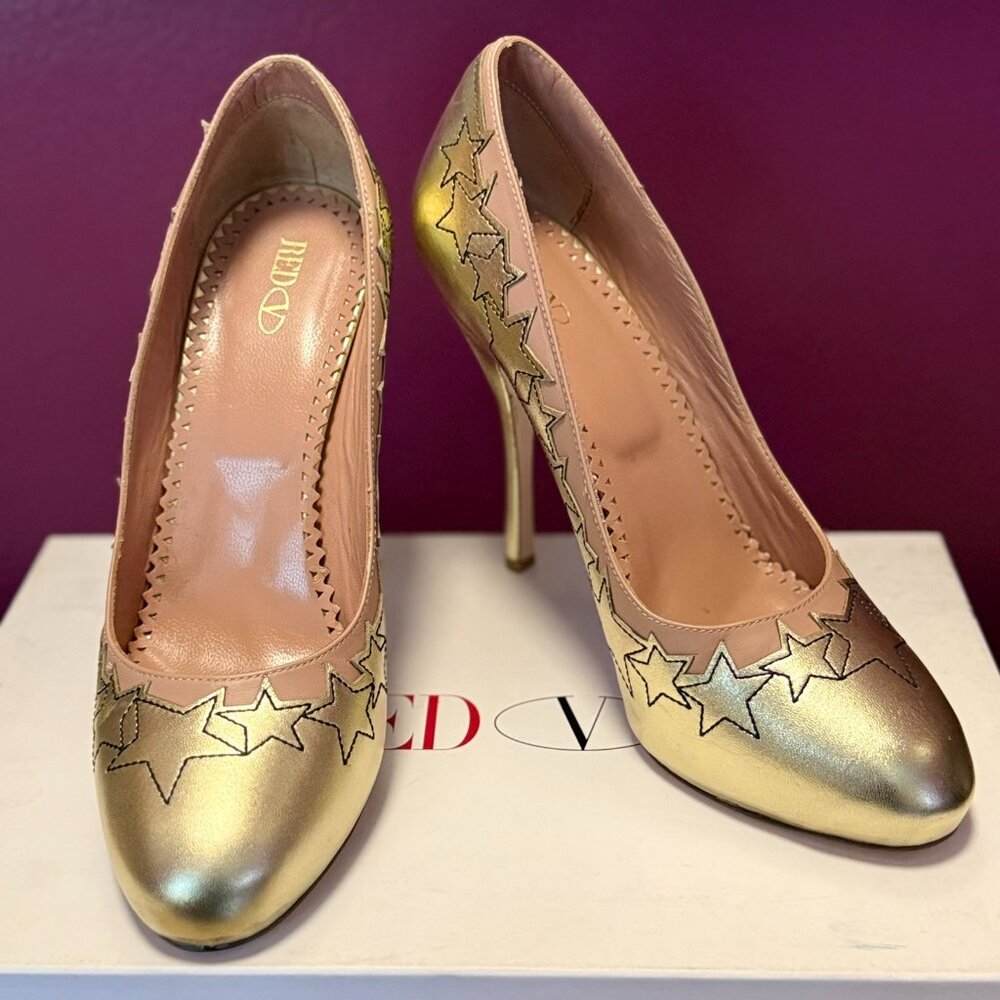 RED Valentino Gold Star Leather Heels – Metallic Stilettos 39